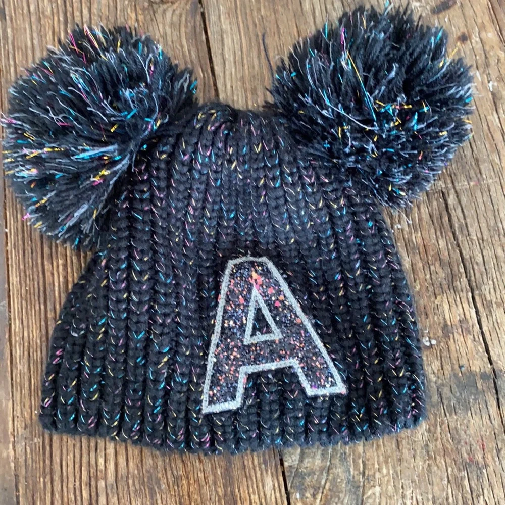 Justice GlitterLettwr A Initial Double Pompom Beanie